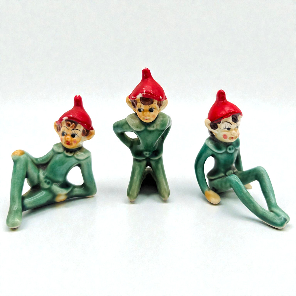 Lot of 3 Pixie Elf Ceramic Figurines Japan Christmas Sitters Kneeling Sprite MCM